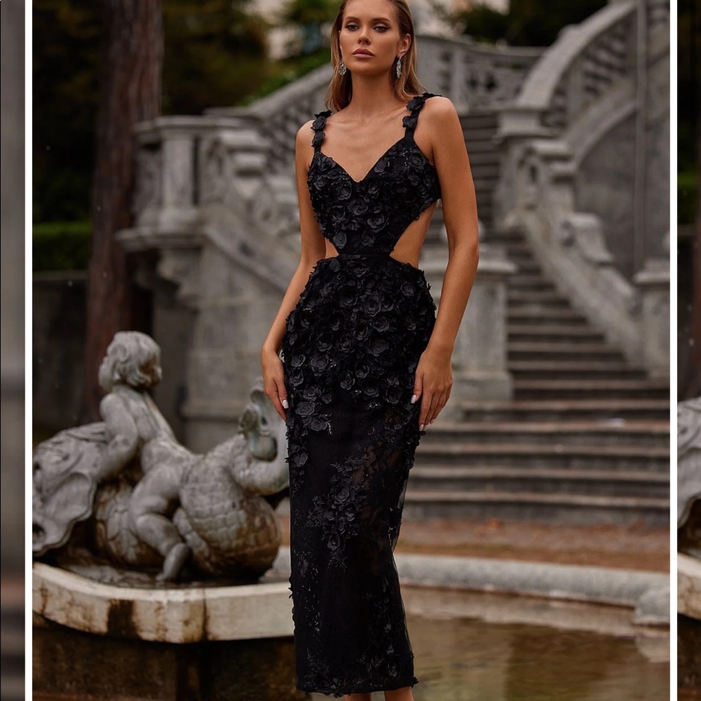 Alamour Black Applique Tea Length Dress